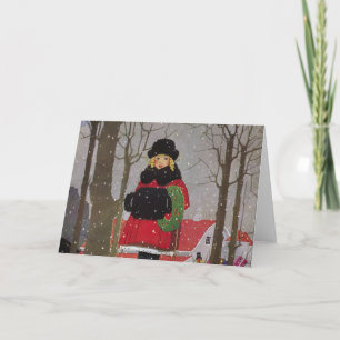 Tarjeta Festiva Niña pequeña con abrigo rojo