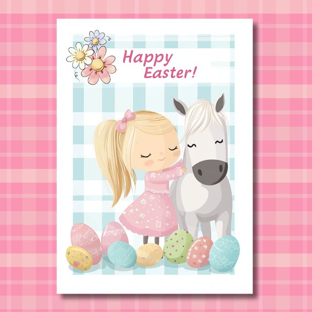 Tarjeta Festiva Niña pequeña con piedad - Pascua de Caballo (Front - Cute Little Girl with Pony – Horse Easter Holiday Card)
