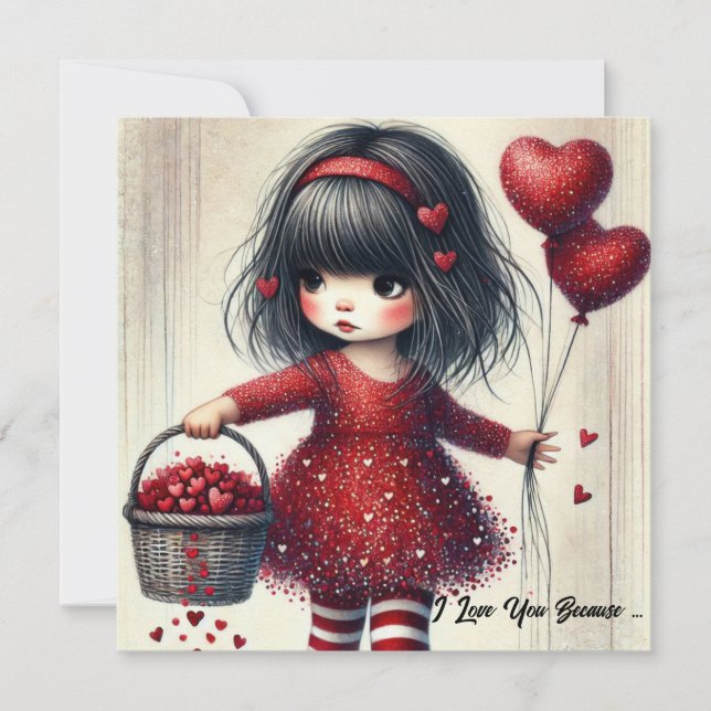 Tarjeta Festiva Niña pequeña sosteniendo corazones purpurinas rojo (Anverso)