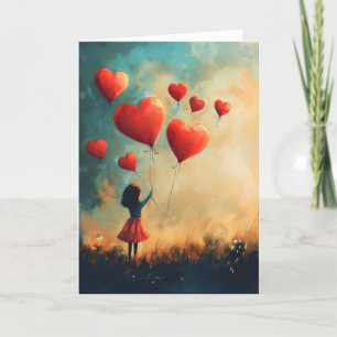 Tarjeta Festiva Niña pequeña y globos rojos