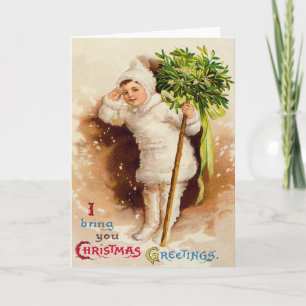 Tarjeta Festiva Niña Pequeña y Linda Muérdago Nieve