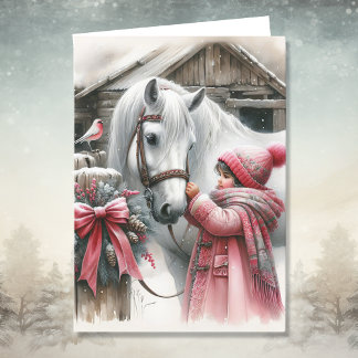 Tarjeta Festiva Niña pequeña y sus Navidades del caballo