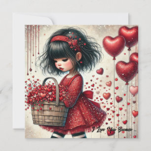 Tarjeta Festiva Niña sosteniendo una cesta corazones rojos brillan