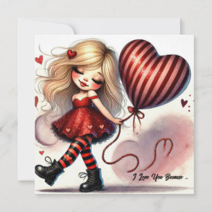 Tarjeta Festiva Niña sosteniendo una cesta corazones rojos brillan