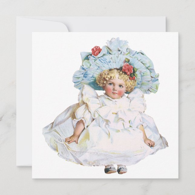 Tarjeta Festiva Niña victoriana de época, Gorra de Vestir Pascua (Anverso)
