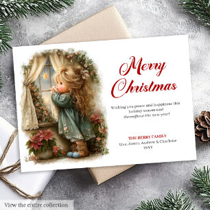 Tarjeta Festiva Niña Vintageish Espera a Santa Digital  