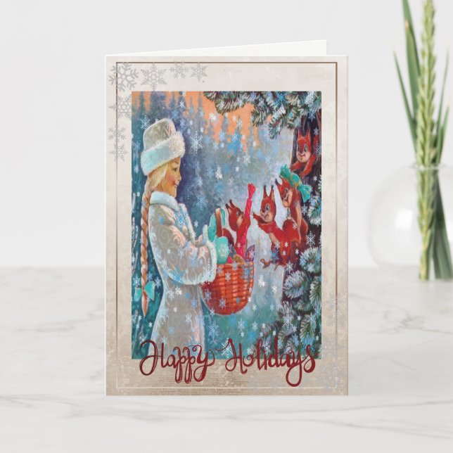 Tarjeta Festiva Niña virgen ardilla hace copas de nieve (Anverso)