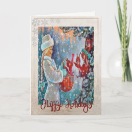 Tarjeta Festiva Niña virgen ardilla hace copas de nieve