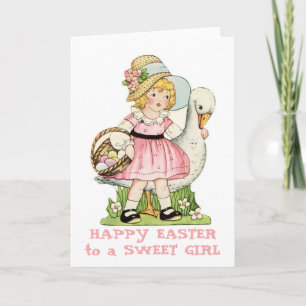 Tarjeta Festiva Niña y oca feliz Chica dulce de Pascua