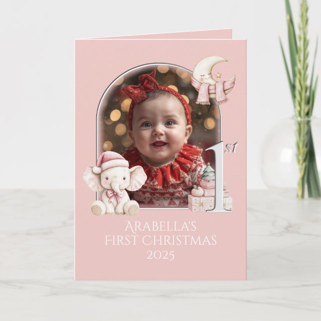 Tarjeta Festiva Niñas bebé Primera fotografía de Navidad** (Anverso)