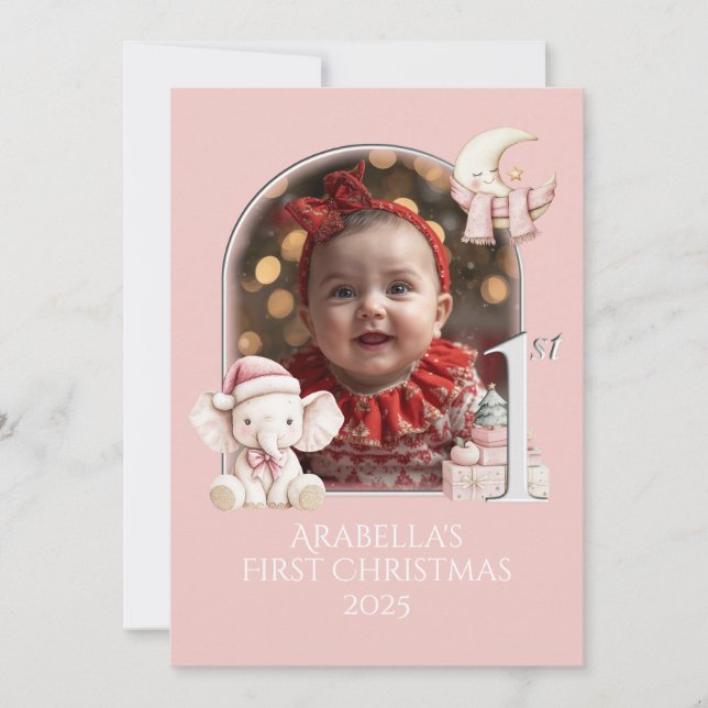Tarjeta Festiva Niñas bebé Primera fotografía de Navidad**Plano (Anverso)