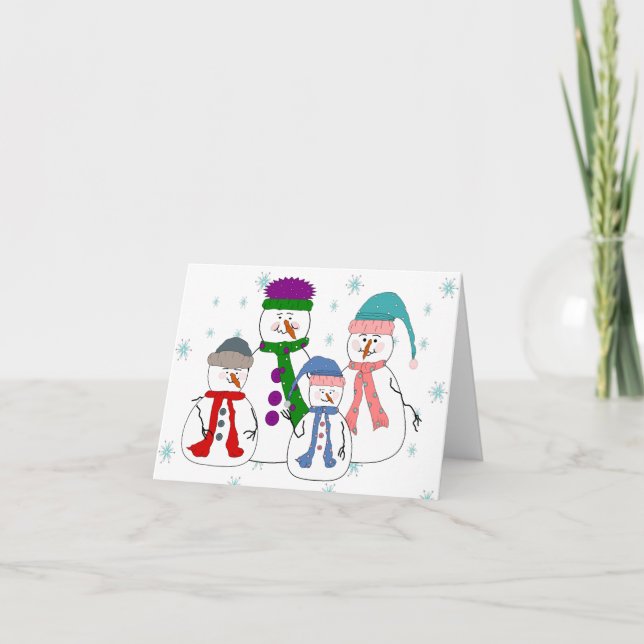 Tarjeta Festiva Niñas de la familia Snowman Nievan arte caprichoso (Anverso)