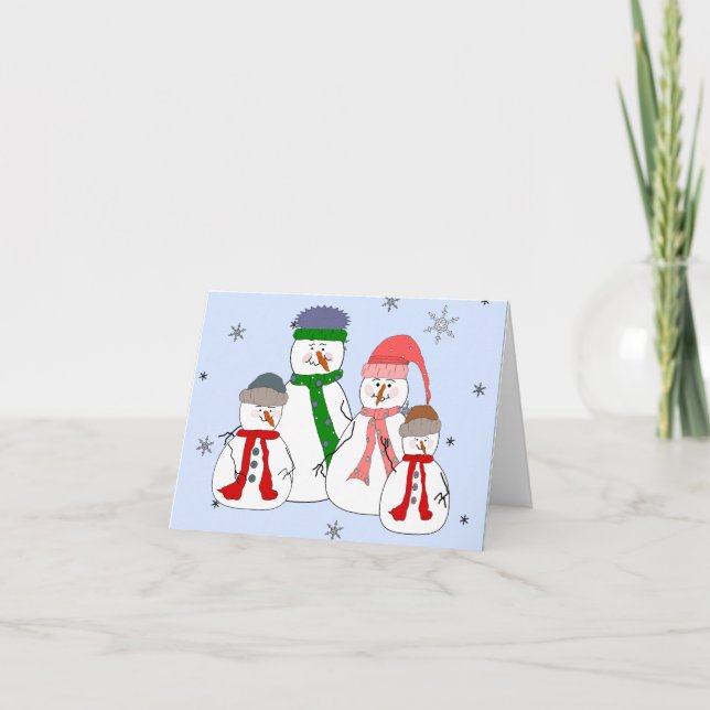 Tarjeta Festiva Niñas de la familia Snowman Nievan arte caprichoso (Anverso)
