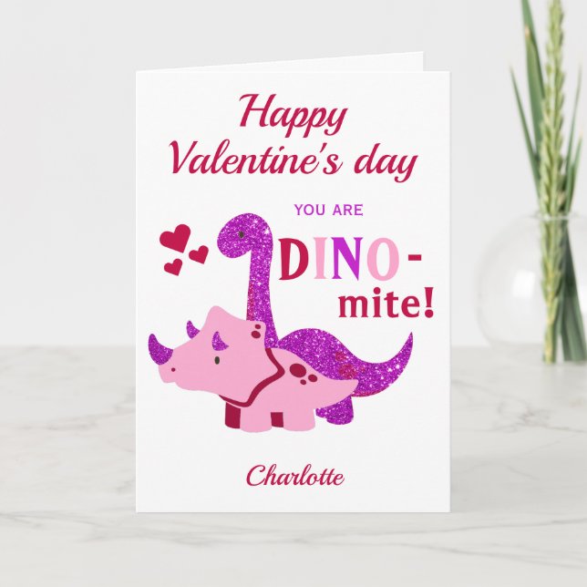 Tarjeta Festiva Niñas Día de San Valentín Girly Dinosaur Dino-mite (Anverso)