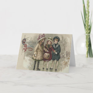 Tarjeta Festiva Niñas patinando sobre hielo en un estanque congela