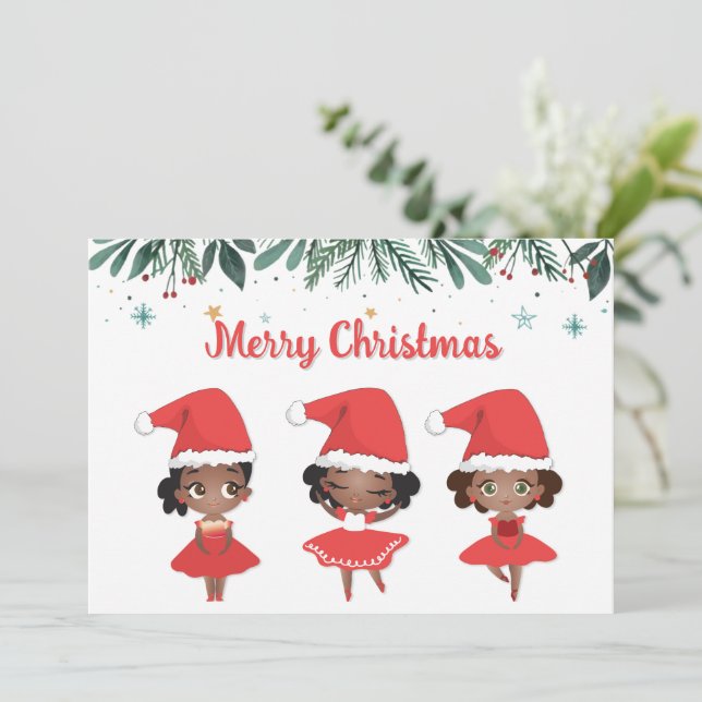 Tarjeta Festiva Niñas pequeñas Navidades Santa Hat Ballerinas (Anverso de pie)