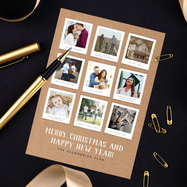 Tarjeta Festiva Nine Instant Photo Style Year in Review (instant photo print style collage of nine photos and caption text Christmas and new year card)