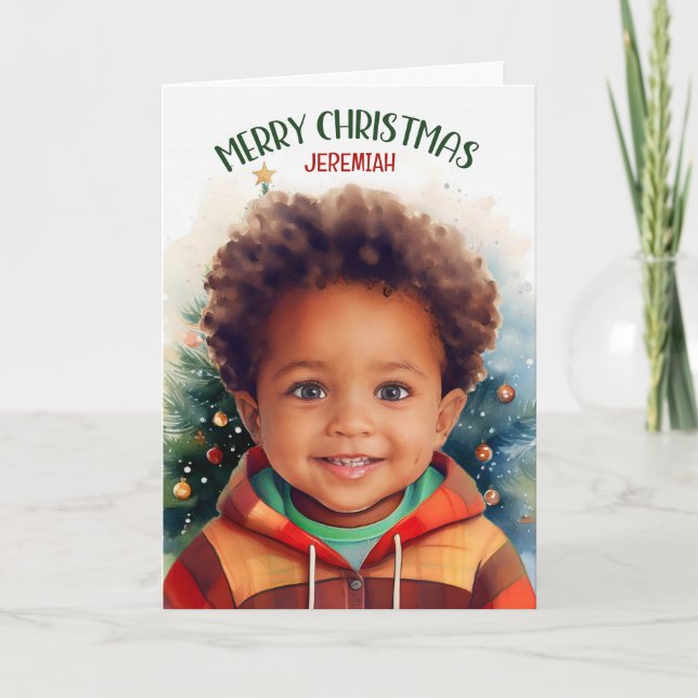 Tarjeta Festiva Niño afroamericano con Navidades de nombre (Anverso)