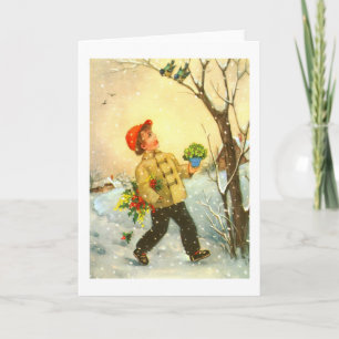 Tarjeta Festiva Niño caminando en la nieve