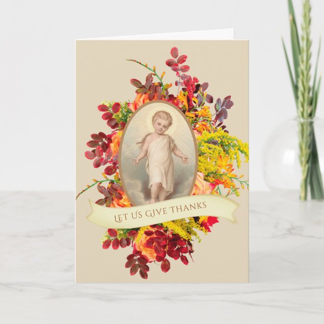 Tarjeta Festiva Niño católico de Acción de Gracias Jesús Sale de o (Anverso)
