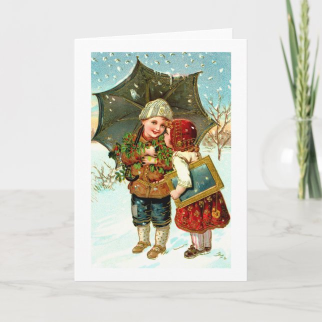 Tarjeta Festiva Niño, chica y paraguas (Anverso)