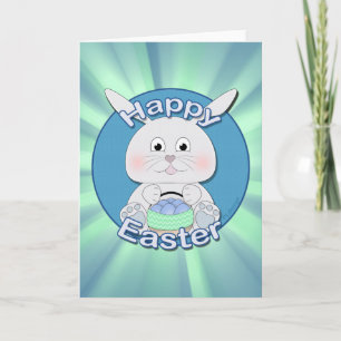 Tarjeta Festiva Niño conejito azul con cesta de huevos de Pascua