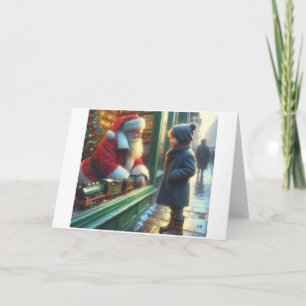 Tarjeta Festiva Niño Conociendo a Santa a Través de la Ventana, 