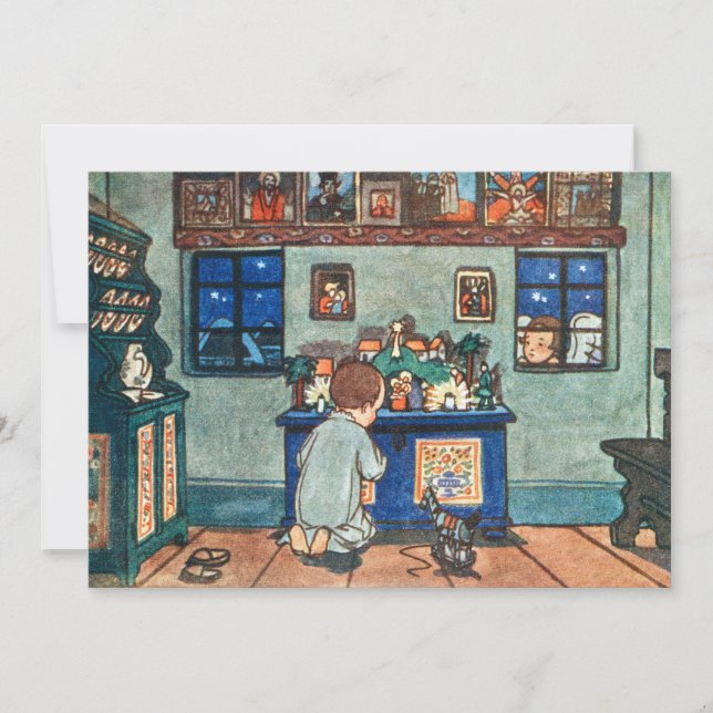 Tarjeta Festiva Niño de época jugando con juguetes Navidades (Anverso)