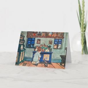 Tarjeta Festiva Niño de época jugando con juguetes Navidades