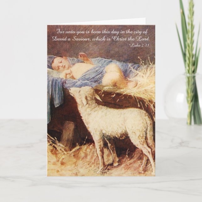 Tarjeta Festiva Niño Jesús en un pesebre con cordero (Anverso)