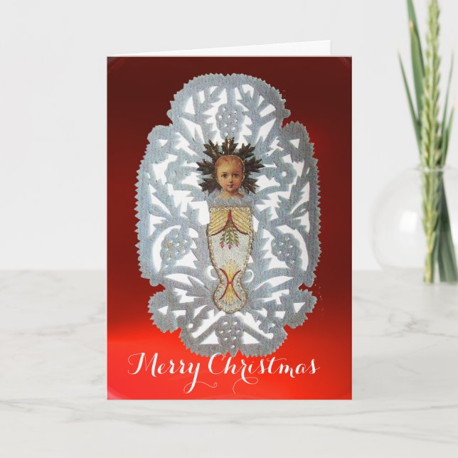 Tarjeta Festiva Niño Jesús, Navidades antiguos tallando papel (Anverso)