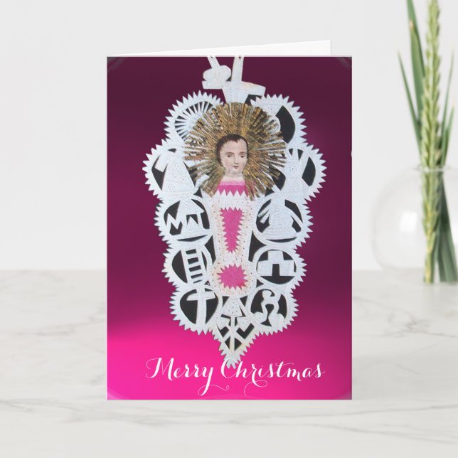 Tarjeta Festiva Niño Jesús, Navidades antiguos tallando papel (Anverso)