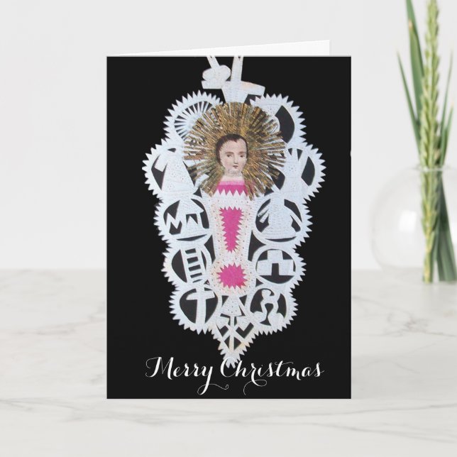 Tarjeta Festiva Niño Jesús, Navidades antiguos tallando papel (Anverso)