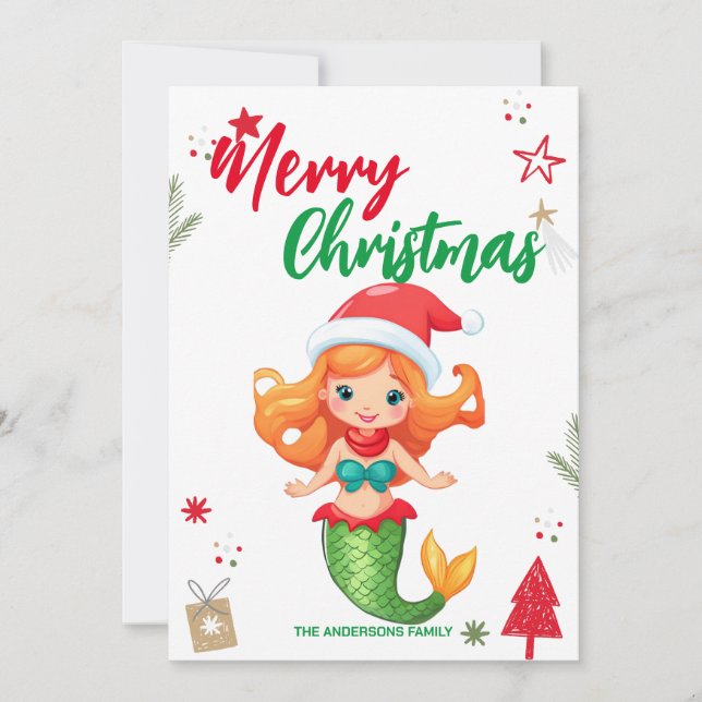 Tarjeta Festiva Niño lindo Mermaid Navidades Holiday Nombre de fam (Anverso)