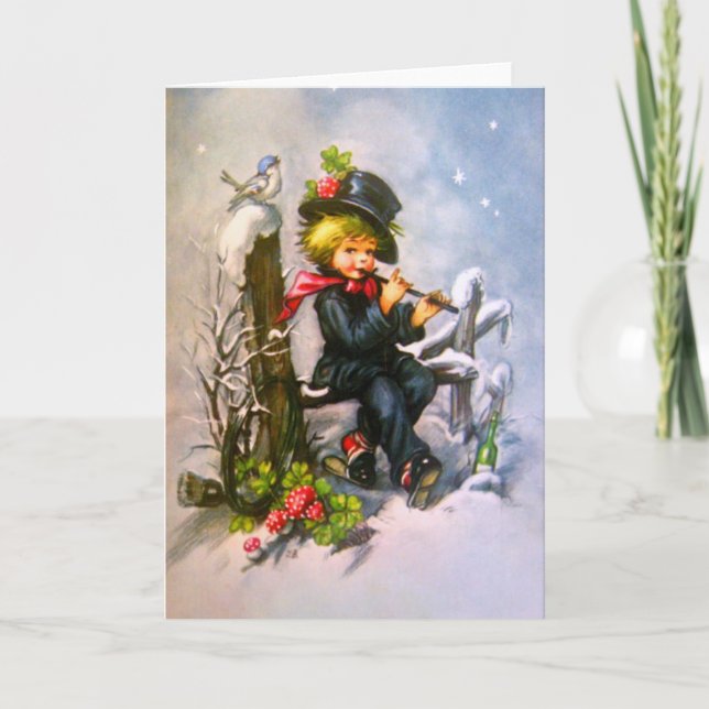 Tarjeta Festiva Niño pequeño con flauta (Anverso)