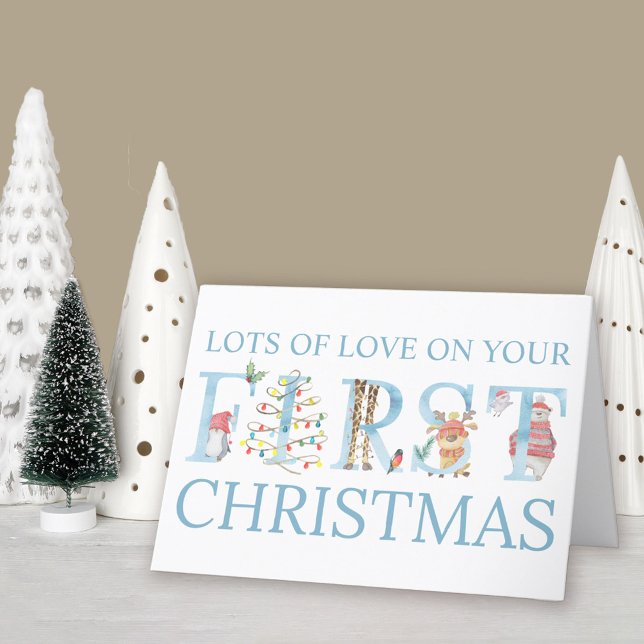 Tarjeta Festiva Niño pequeño primer animal navideño personalizado (Baby Boy 1st Christmas Card. Buy professionally printed or as a printable digital download.)