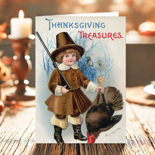 Tarjeta Festiva Niño Peregrino Antiguo y Pavo de Acción de Gracias