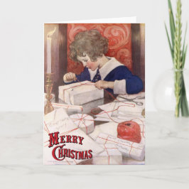 Tarjeta Festiva Niño que envuelve presentes de Jessie Willcox