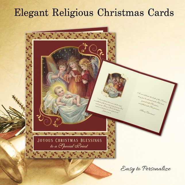 Tarjeta Festiva Niño Religioso Jesús Navidades Angels Sacerdote (Traditional Christmas Religious Card with Jesus in Manger with Angels - Easy to personalize)