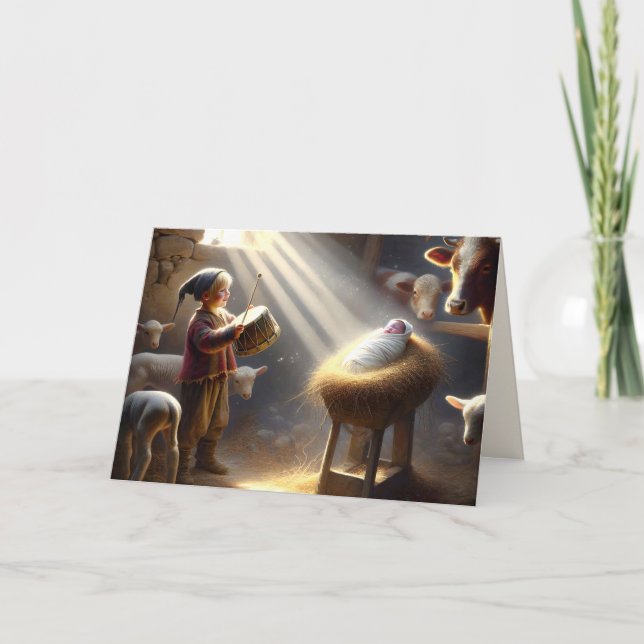 Tarjeta Festiva Niño tamborilero en un establo de un granero (Anverso)