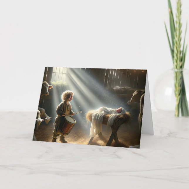 Tarjeta Festiva Niño tamborilero en un establo de un granero (Anverso)