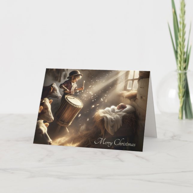 Tarjeta Festiva Niño tamborilero en un establo de un granero (Anverso)