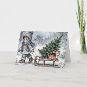 Tarjeta Festiva Niño tirando un trineo antiguo