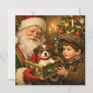 Tarjeta Festiva Niño vintage y Papá Noel con cachorro