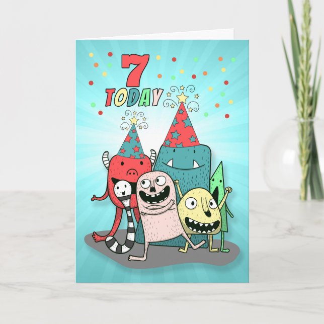 Tarjeta Festiva Niños 7 Monstruos Personalizados rojos y azules de (Anverso)