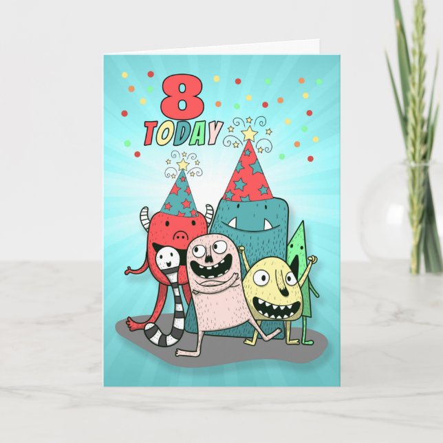 Tarjeta Festiva Niños 8 Monstruos Personalizados rojos y azules de (Anverso)