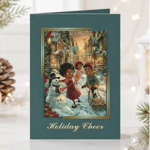 Tarjeta Festiva Niños afroamericanos vintage jugando en la nieve