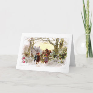 Tarjeta Festiva Niños alimentando a caballos Navidades de edad