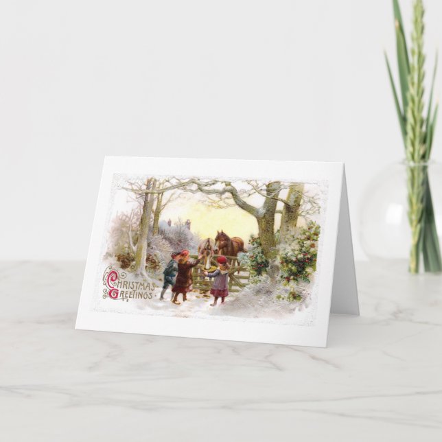 Tarjeta Festiva Niños alimentando a caballos Navidades de edad (Anverso)