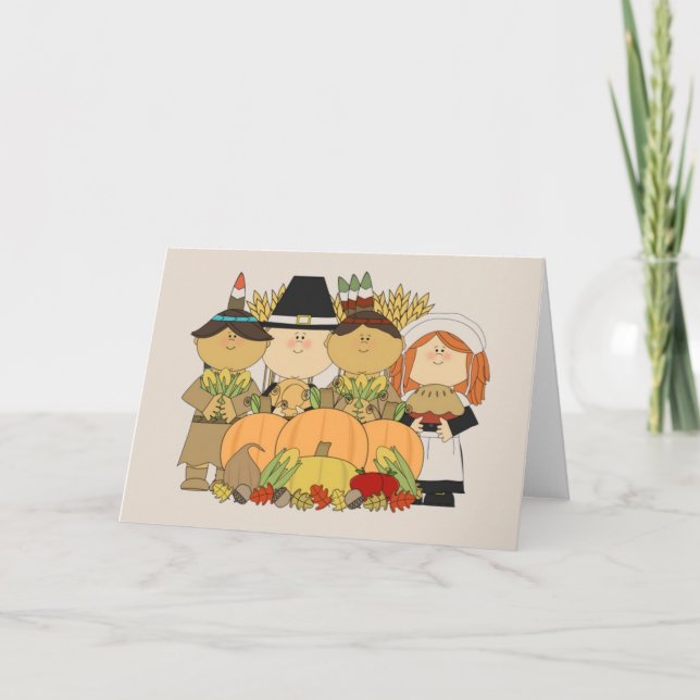 Tarjeta Festiva Niños animados del Día de Acción de Gracias (Anverso)